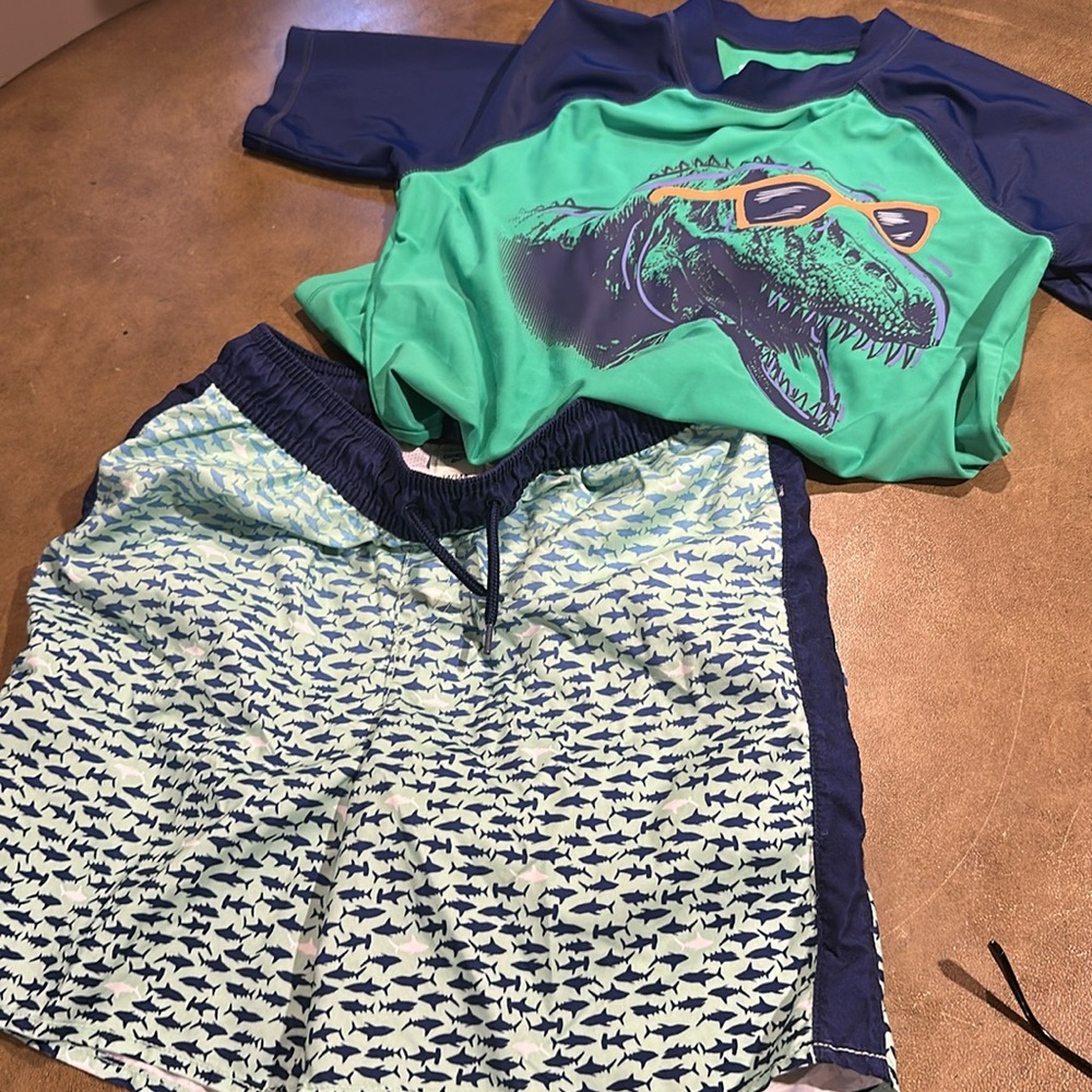 OshKosh B'gosh Kids Shark Print Swim suit Blue and Green and Carter Dino sz 14